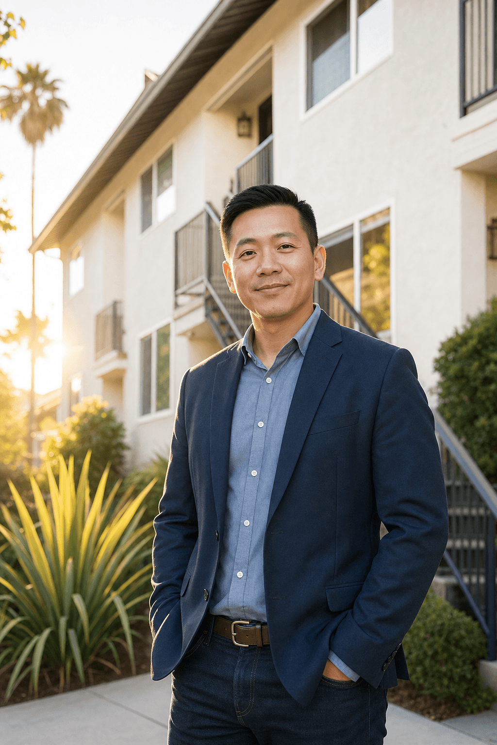 A Vietnamese-American real estate investor in front of a rental property