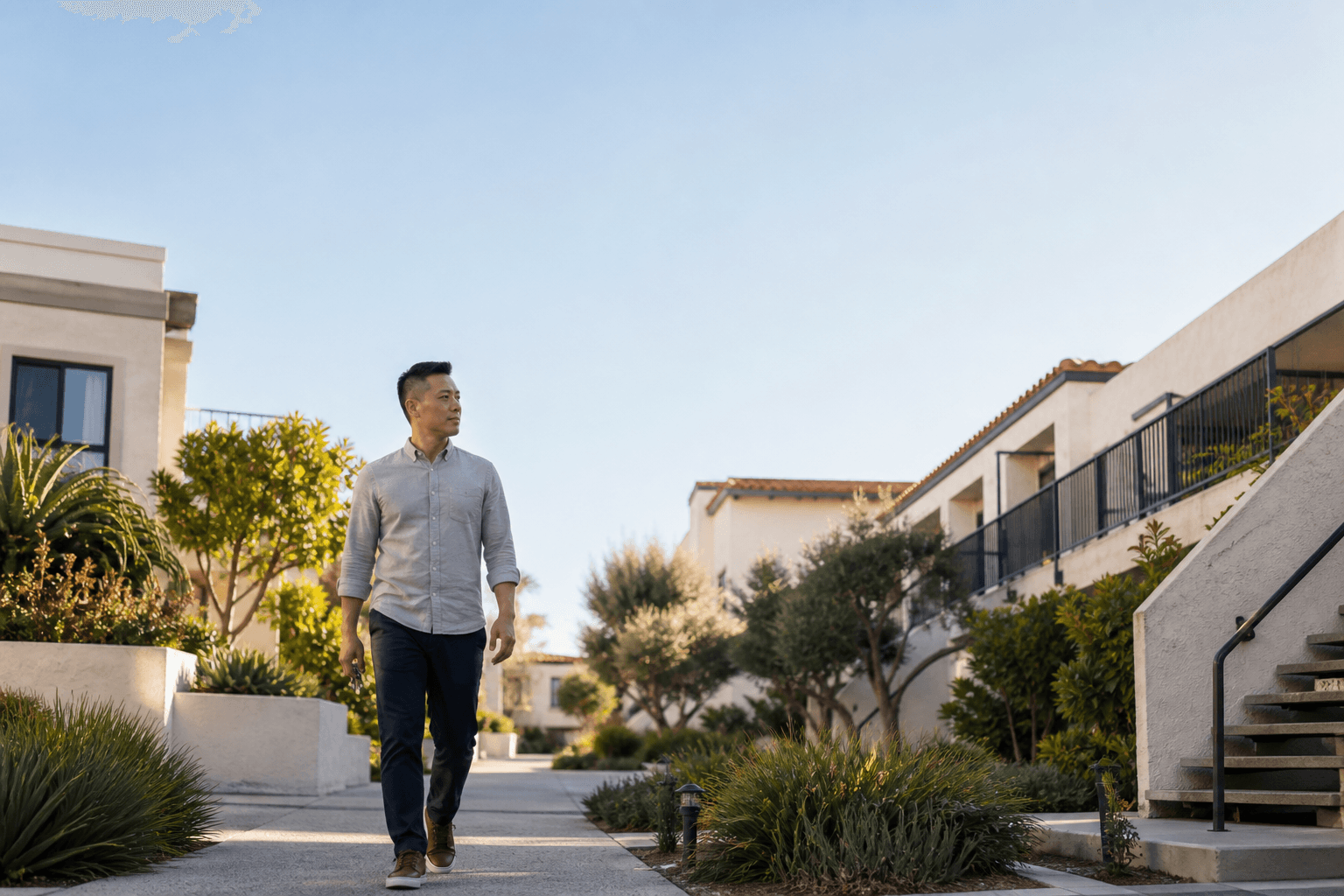 A Vietnamese-American real estate investor in front of a rental property
