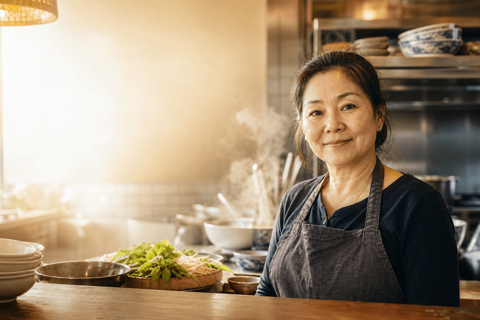 Chủ nhà hàng người Việt trong nhà hàng của mình